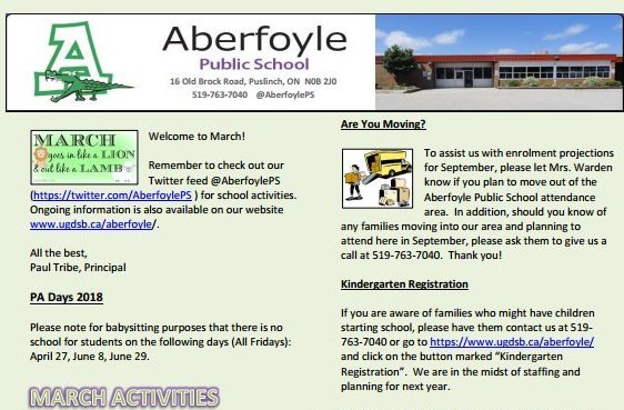 Aberfoyle Public School March Newsletter Now Available